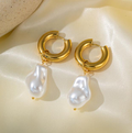 Chunky Gold Hoop Earrings with Irregular Pearl Drop