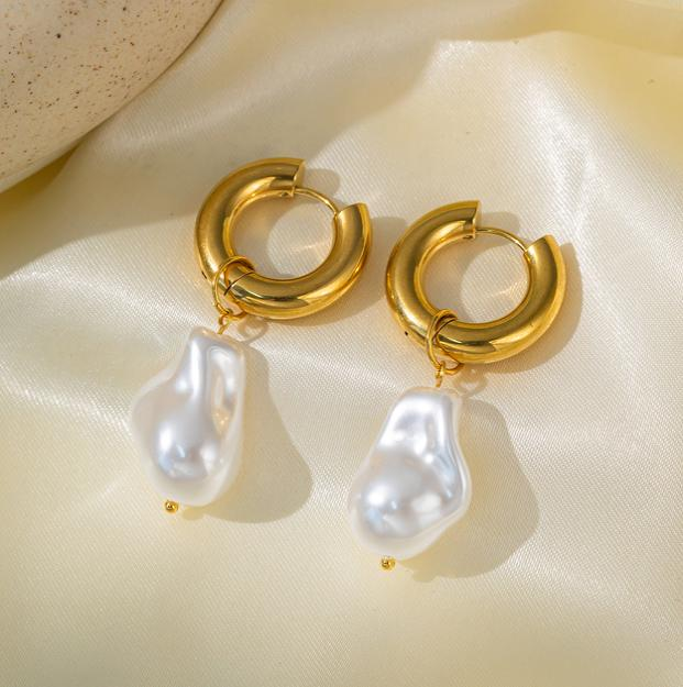 Chunky Gold Hoop Earrings with Irregular Pearl Drop