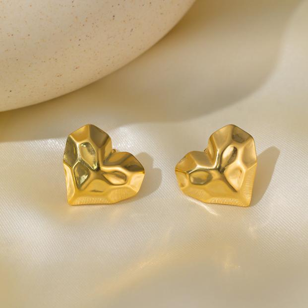 Hammered Gold Heart Stud Earrings