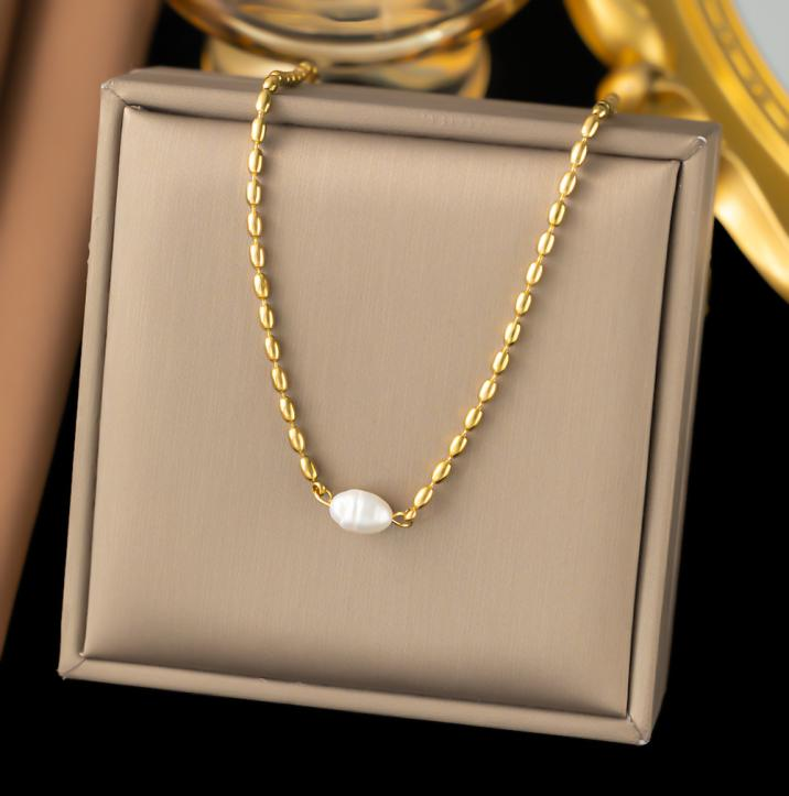 Gold Bead Chain Necklace with Natural Pearl