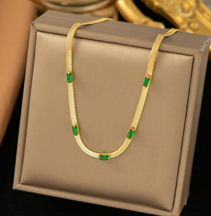 Gold Flat Chain Necklace with Green Enamel Accents