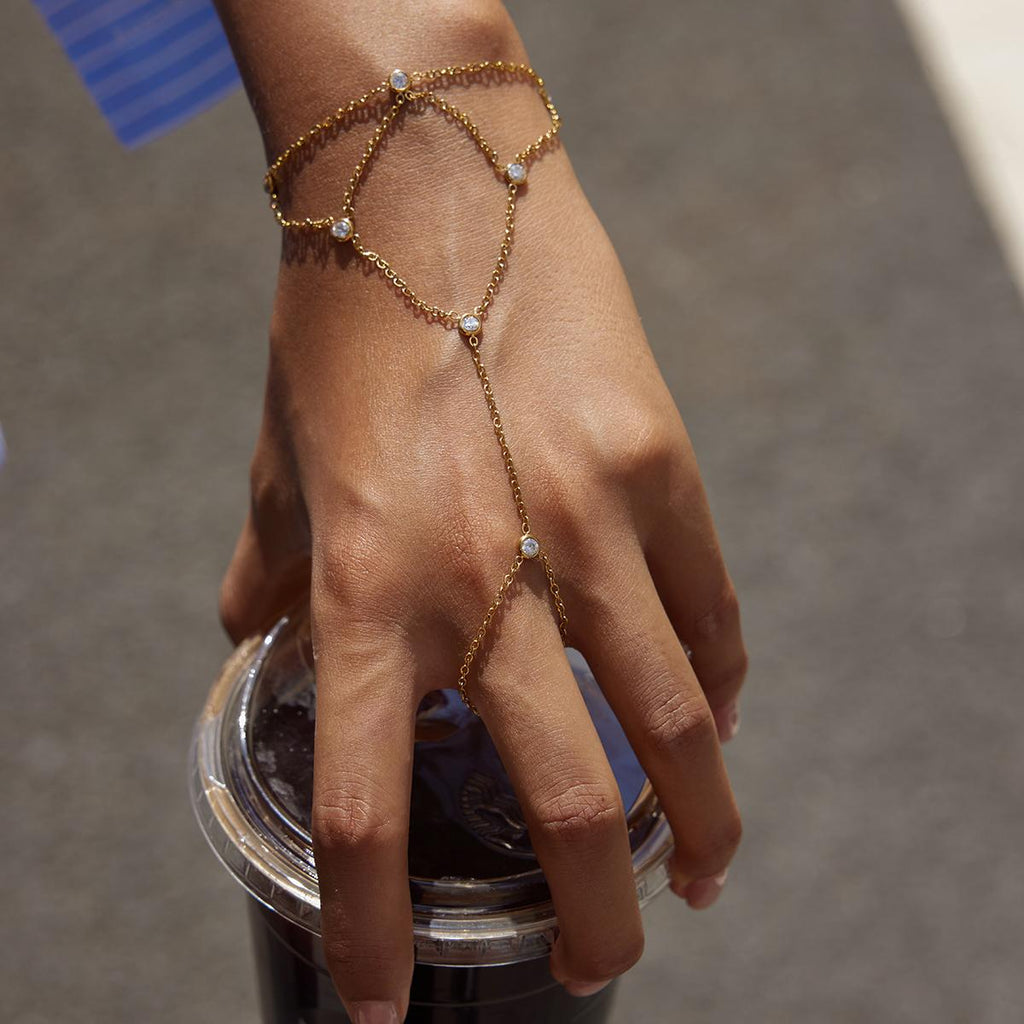 Dainty Crystal Draped Hand Chain Bracelet