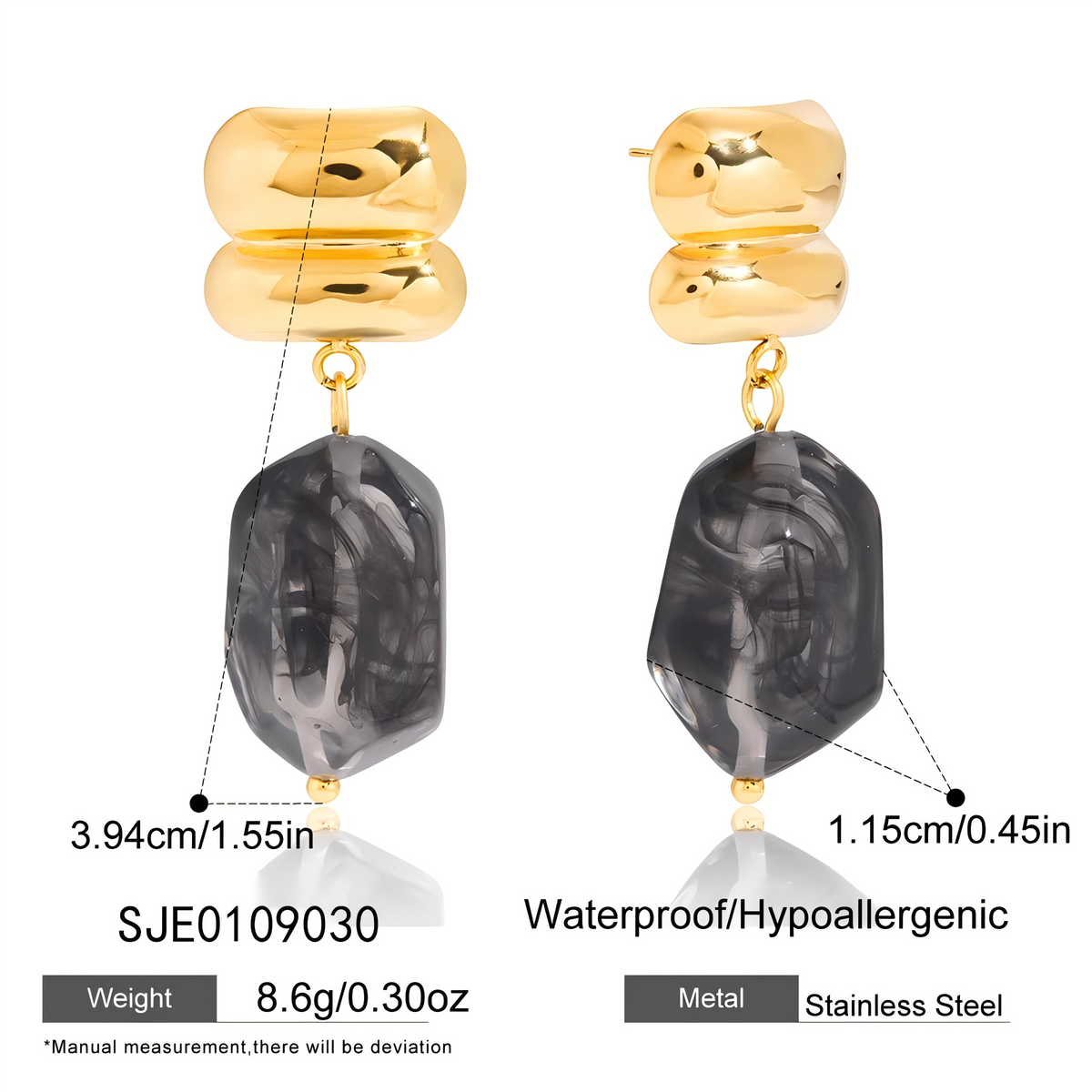 Gold Drop Earrings with Marble Resin Pendant