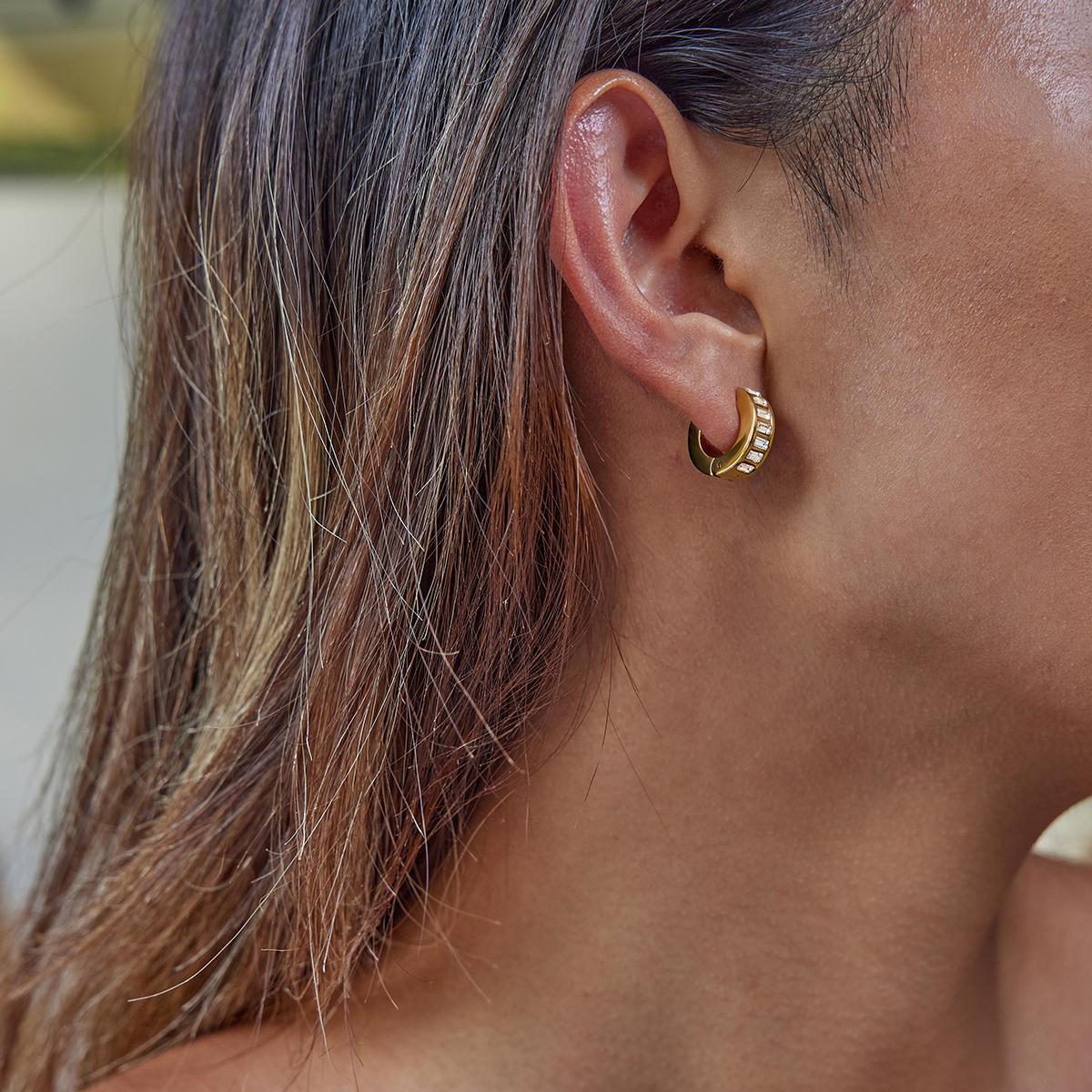 Gold Baguette Crystal Huggie Hoop Earrings