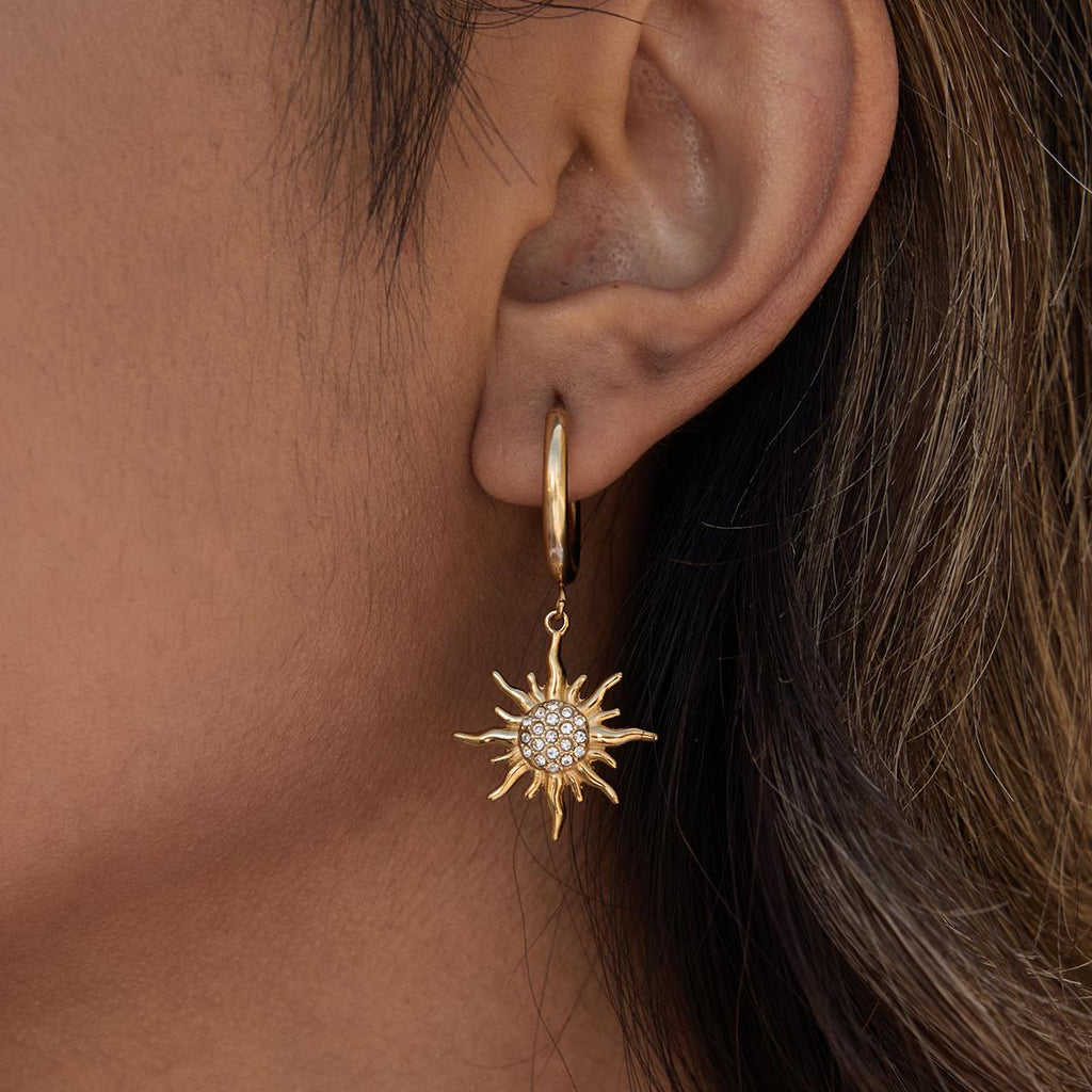 Gold Sunburst Crystal Hoop Earrings