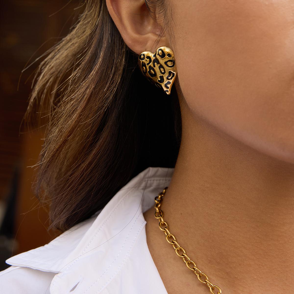 Gold Leopard-Print Heart Earrings