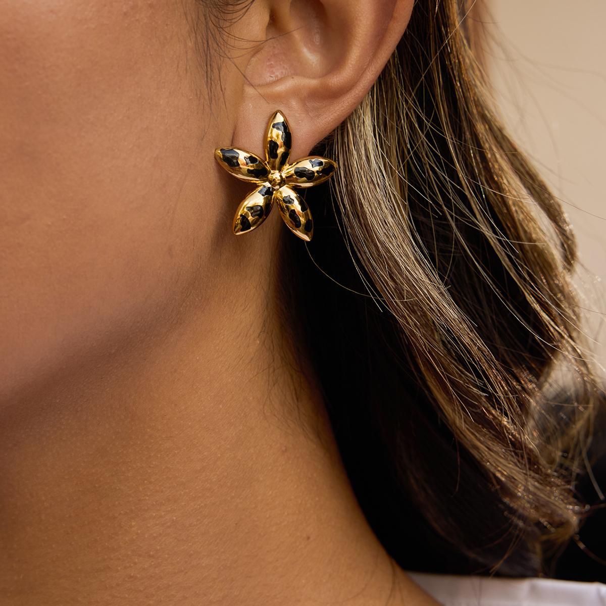 Gold Leopard-Print Flower Earrings