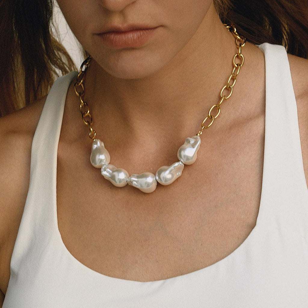 Gold Stainless Steel Chain Necklace with Irregular Pearls