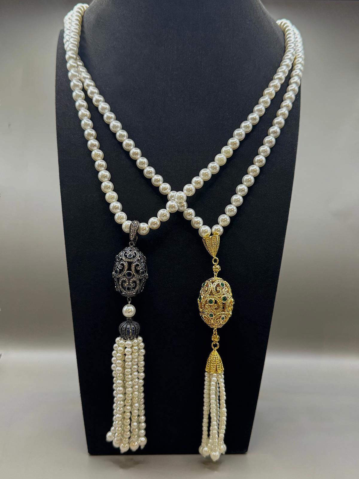 Dual Elegance Pearl Tassel Necklace