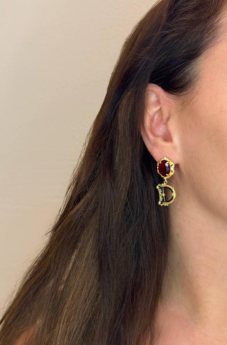 Gold Initial Drop Earrings with Crystal Stone